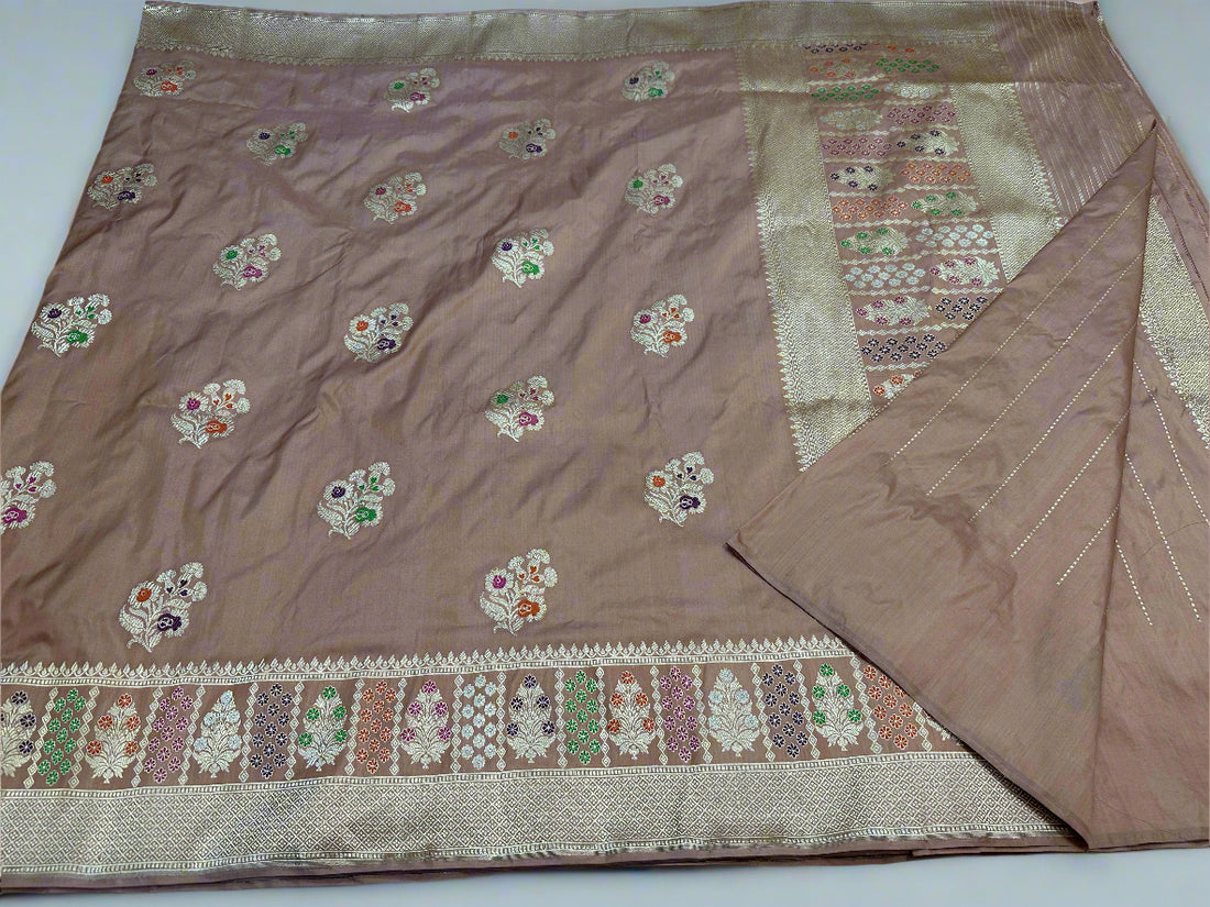 Coffee Brown Pure Katan Silk Banarasi Kadhwa Saree with Multicolor Floral Meenakari