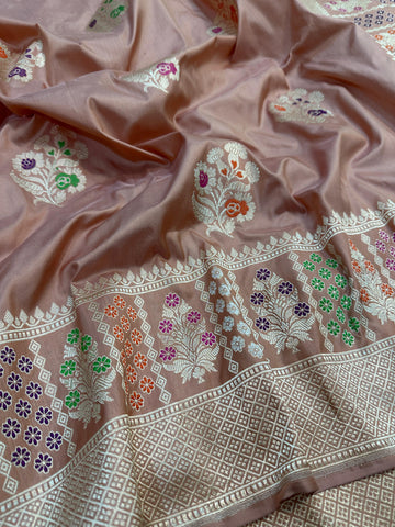 Coffee Brown Pure Katan Silk Banarasi Kadhwa Saree with Multicolor Floral Meenakari